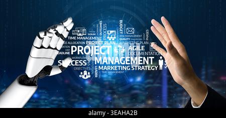 This striking image illustrates the synergy between human and robotic hands, showcasing essential project management concepts in a high-tech digital e Stock Photo