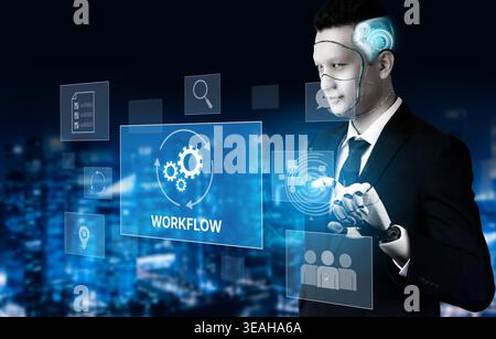 AI streamlines business workflows by automating repetitive tasks, enhancing team coordination, and optimizing structured processes for greater operati Stock Photo