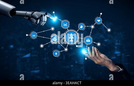 A futuristic scene depicting a robotic hand reaching towards a human hand amidst digital icons, symbolizing the connection between technology and inno Stock Photo