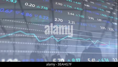 Displaying market panel on trading floor, showing cyan line, tickers, three suited people observing Stock Photo