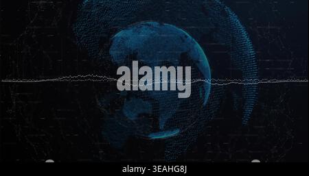 Rotating blue dotted globe pulsing in virtual space, with white waveform and node network Stock Photo