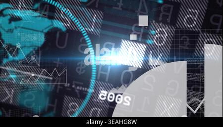 Displaying teal circular HUD moving on digital dashboard with ring ticks, world map, copy space Stock Photo