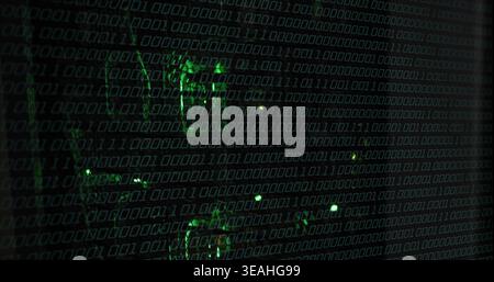 Displaying green binary matrix overlaying circuit traces on reflective panel, glowing LED points Stock Photo