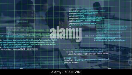 Displaying translucent green grid at center of virtual scene, showing code text and UI panels Stock Photo