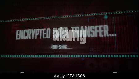 Displaying banner showing ENCRYPTED DATA TRANSFER and PROCESSING on screen, 3 boxes, cyan borders Stock Photo