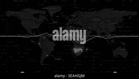 Displaying dotted world map tracing white waveform across monitor with glowing S Africa node Stock Photo