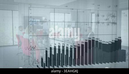 Showing translucent 3D bar chart over meeting, revealing team of six in businesswear with laptops Stock Photo