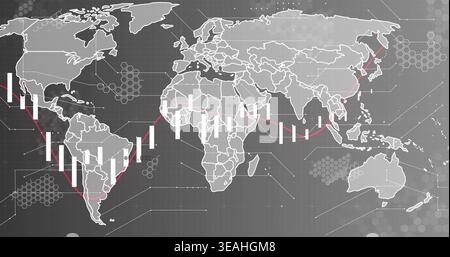 Displaying world map with candlestick bars and red trend line on dark grid dashboard, hex patterns Stock Photo