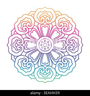 Symmetrical mandala illustration in thin clean line style with smooth rainbow gradient colors. Floral ornamental composition suitable for yoga, medita Stock Vector