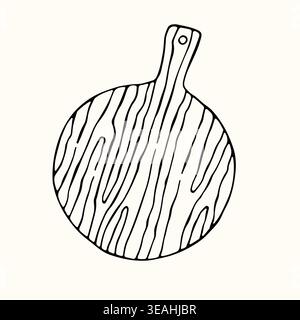 Round wooden cutting board with a detailed organic wood grain texture and handle. Authentic hand drawn vector art ideal for organic food packaging and Stock Vector