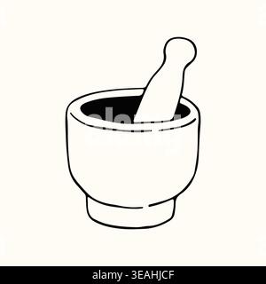 Doodle hand drawn mortar and pestle illustration, a traditional tool for grinding fresh herbs and spices. The rustic vector art is a great addition to Stock Vector