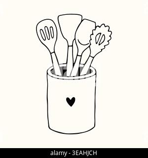 Kitchen utensil set in a ceramic holder decorated with a small heart. Minimalist hand drawn vector graphic perfect for home cooking and culinary Stock Vector