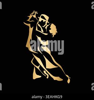 Stylized tango Kizomba dancing couple in elegant gold gradient isolated on black background. Graceful silhouette with expressive pose and dramatic mov Stock Vector