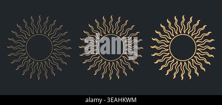 Set of three abstract sun illustrations, designed in clean geometric line art style. Elegant golden color on dark background creates a luxury aestheti Stock Vector