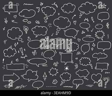 Set of hand drawn speech bubbles, doodle elements and comic chat symbols in white line style on black background. Includes various shapes like talk bu Stock Vector