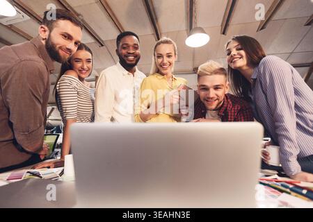 SMM specialists discussing new product marketing promotion Stock Photo