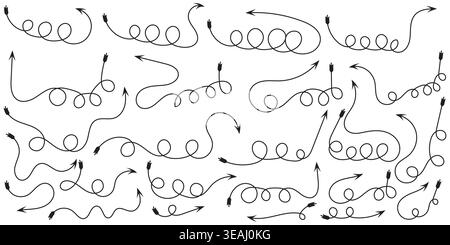 Collection of thin line hand-drawn doodle arrows with fletching, decorative black curved and loopy pointers on white background Stock Vector