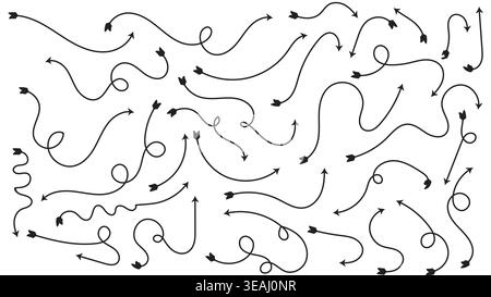 Collection of thin line hand-drawn doodle arrows with fletching, decorative black curved and loopy pointers on white background Stock Vector