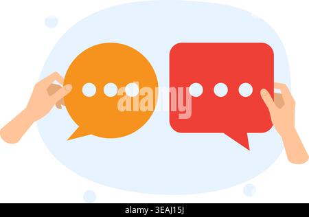 Two hands holding orange and red chat bubbles symbolizing active discussion, social media, and interpersonal exchange. Stock Vector
