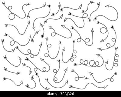 Collection of thin line hand-drawn doodle arrows with fletching, decorative black curved and loopy pointers on white background Stock Vector