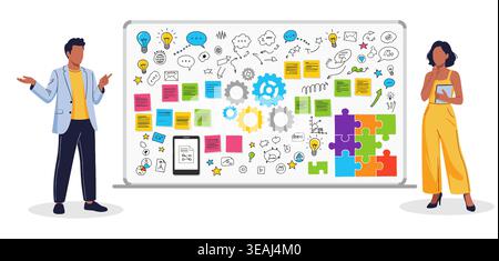 An illustration depicting two business professionals, a man and a woman, brainstorming ideas on a large whiteboard. Stock Vector