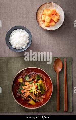 Korean yukgaejang, white rice, and kkakdugi are set on the table. Stock Photo