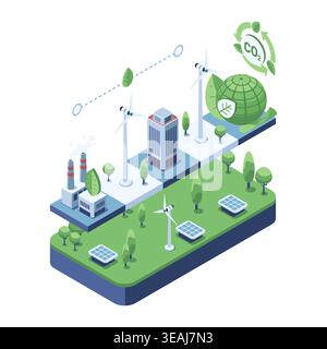 Isometric Roadmap To Carbon Neutral With Sustainable Energy Ecosystem. Carbon Neutral Concept Stock Vector