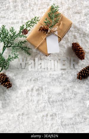 A gift-wrapped present sits on a snow-covered surface, surrounded by pinecones and evergreen branches, evoking a winter scene. Stock Photo