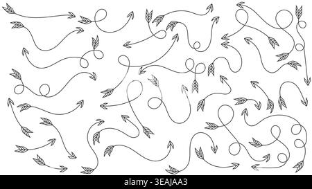 Set of hand-drawn black arrows with geometric triangular heads and chevron fletching, decorative curved loopy pointers on white background Stock Vector