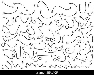 Set of hand-drawn black arrows with geometric triangular heads and chevron fletching, decorative curved loopy pointers on white background Stock Vector