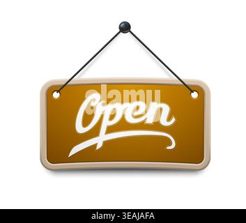 Open brown signboard, shop store door sign board. Shop entrance open message vector signboard, store door message sign. Cafe board with brown plate hanging on rope and handwritten typography text Stock Vector