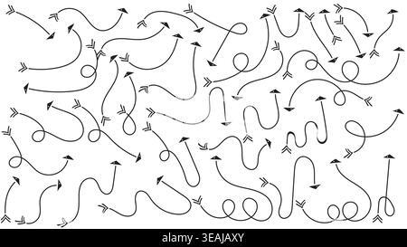 Set of hand-drawn black arrows with geometric triangular heads and chevron fletching, decorative curved loopy pointers on white background Stock Vector