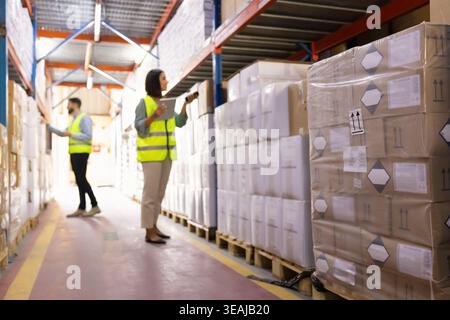 Two logistics workers scanning packages in warehouse Stock Photo