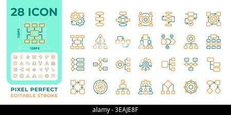 Workflow pixel perfect two color line icons set Stock Vector