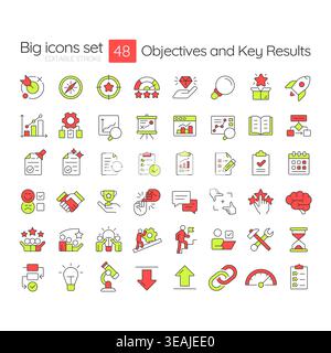 Objective and key results line color icons set Stock Vector