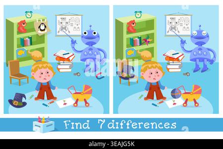 Find seven differences educational game for kids with robot and girl. Two similar vector pictures show blue android teacher giving lesson in nursery Stock Vector