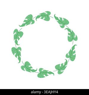 Leaf frame vector flat botanical wreath monstera circle border invitation template Stock Vector