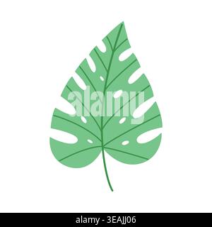 Single green monstera leaf isolated on white background, minimalist tropical botanical foliage element for logo design and organic branding Stock Vector