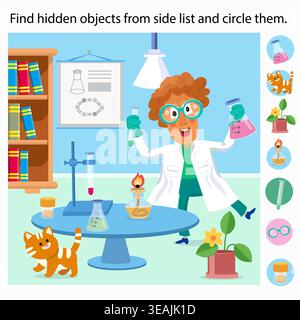 Find hidden objects from side list and circle them laboratory science game. Man scientist conducts chemistry experiments in lab with cute ginger cat Stock Vector