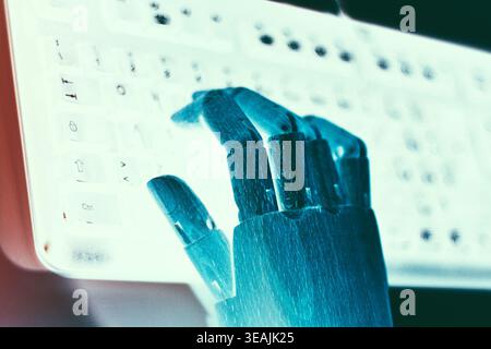 Close-up of a neon blue robotic hand typing on a white computer keyboard, set in a futuristic style. Concept representing artificial intelligence, aut Stock Photo