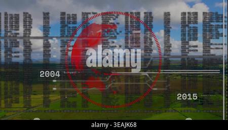 Showing red globe and blurred code overlaying fields from air, with timeline 2004 Budapest 2015 Stock Photo