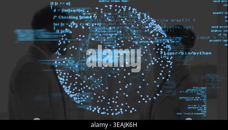 Watching two people in business attire studying holographic globe at office, with code snippets Stock Photo
