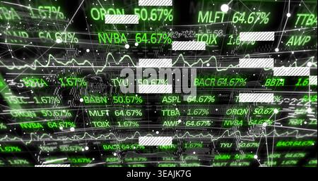 Displaying market data at trading dashboard, showing green tickers, line graphs, hatched bars Stock Photo