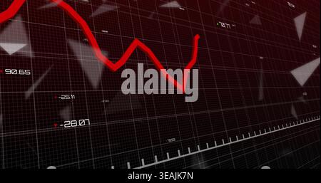 Displaying red jagged trend line falling then rising on perspective grid plane, numeric labels Stock Photo