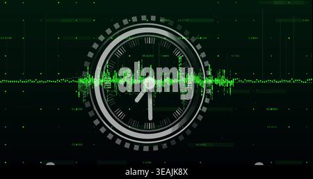Displaying metallic gray circular analog clock showing 10:10 on HUD, with neon-green waveform Stock Photo