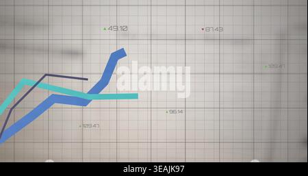 Displaying thick blue spike and teal traces on gray grid with green red markers and labels Stock Photo