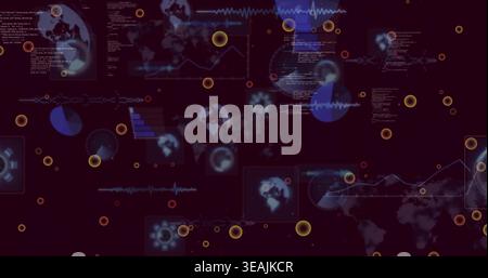 Displaying complex digital dashboard centered on dark purple canvas, with maps, charts, code blocks Stock Photo