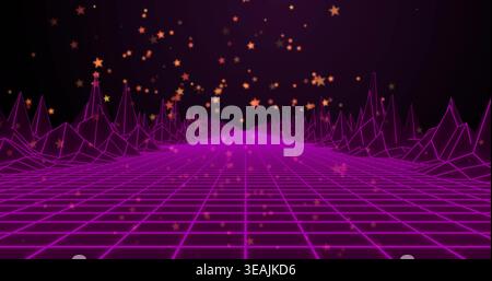 Glowing magenta grid plane receding to horizon in synthwave scene, with wire ridges and gold stars Stock Photo