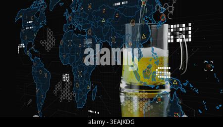 Displaying clear glass mug containing amber beverage and foam on dark data map surface, copy space Stock Photo