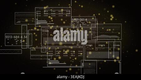 Displaying composite digital dashboard floating in dark starry void, with panels, charts, waveforms Stock Photo